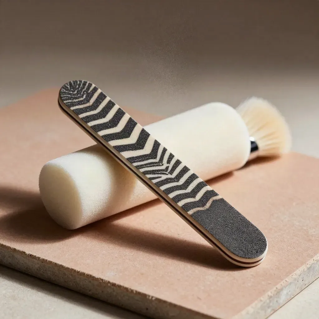 Lima zebra con buffer e spazzolina su piano neutro, luce soffusa e polvere fine di manicure.