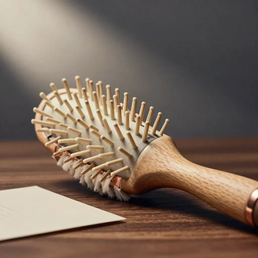 Macro di una spazzola termica in ceramica con legno chiaro, riflessi oro rosa e lieve calore.