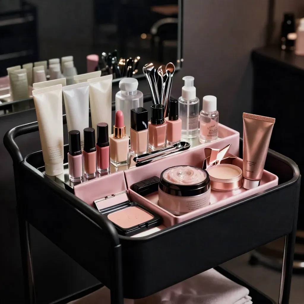Kit salone completo con cosmetici, unghie e accessori su sfondo scuro drammatico