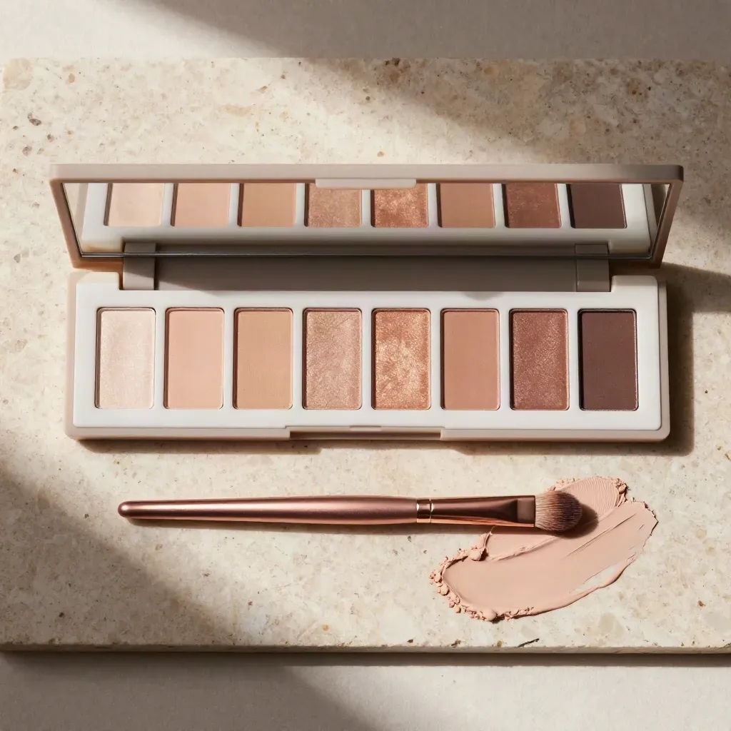 Palette ombretti nude aperta con pennellino, specchio chiuso e swatch su travertino.
