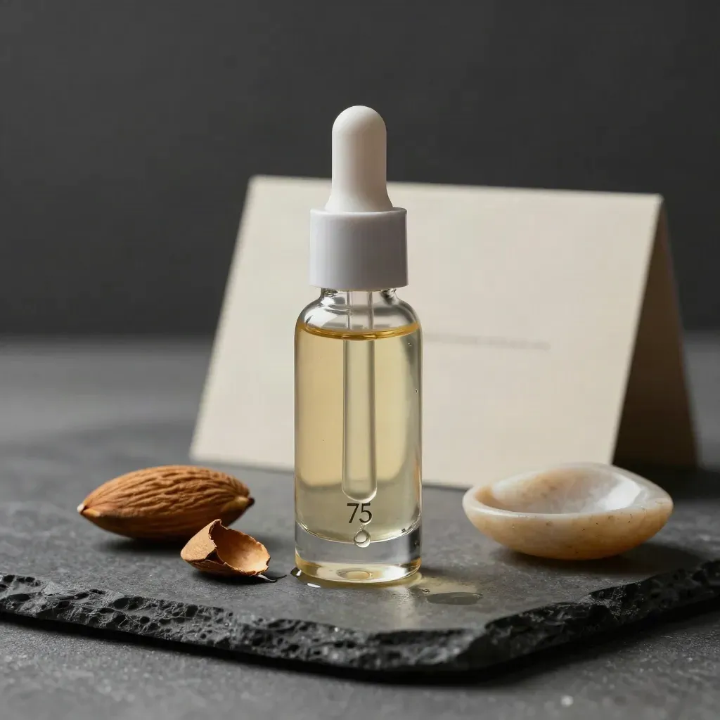 Flacone di olio cuticole alla mandorla con goccia, gusci e piattino in pietra scura.
