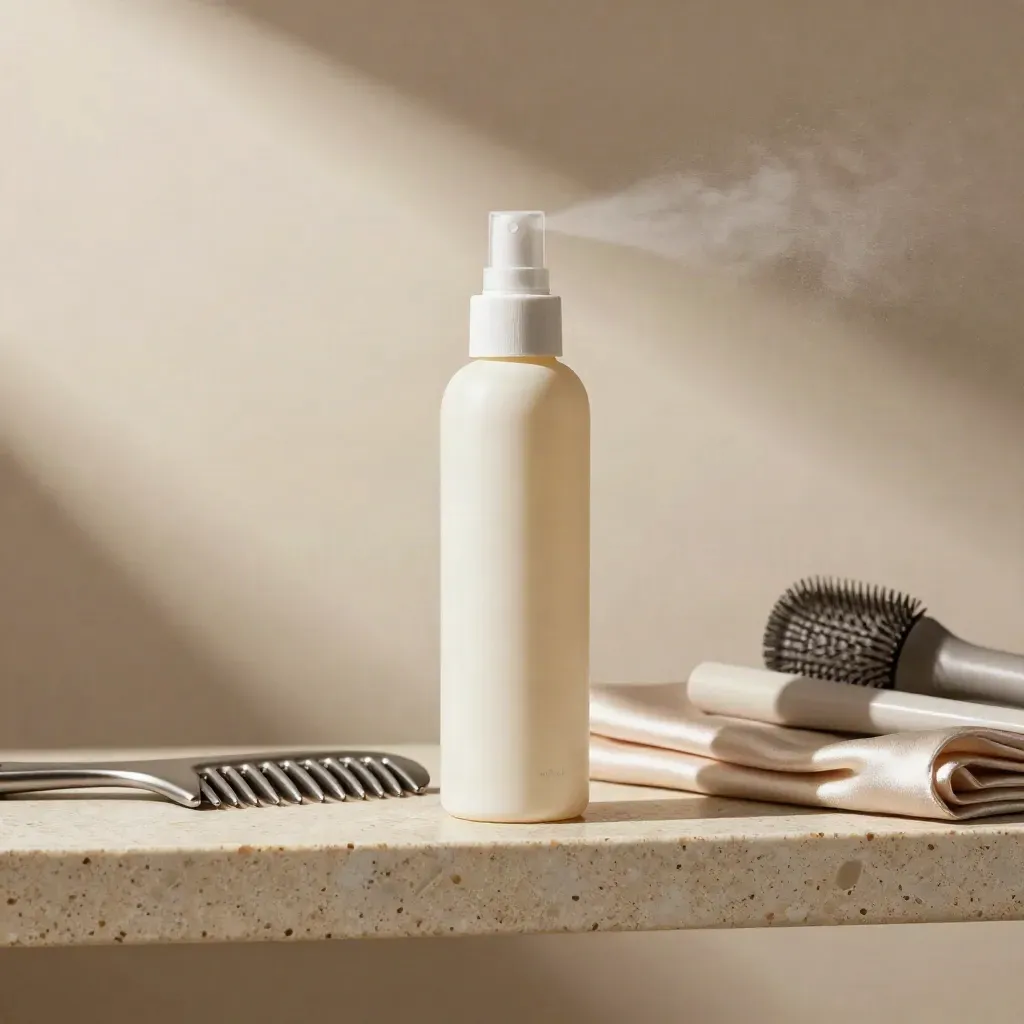 Spray termoprotettivo con pettine metallico e panno di seta su ripiano chiaro, luce morbida