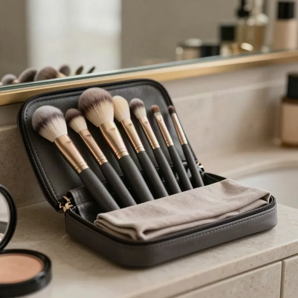 Set di pennelli make-up da viaggio aperto con astuccio e panno neutro su superficie grafite.