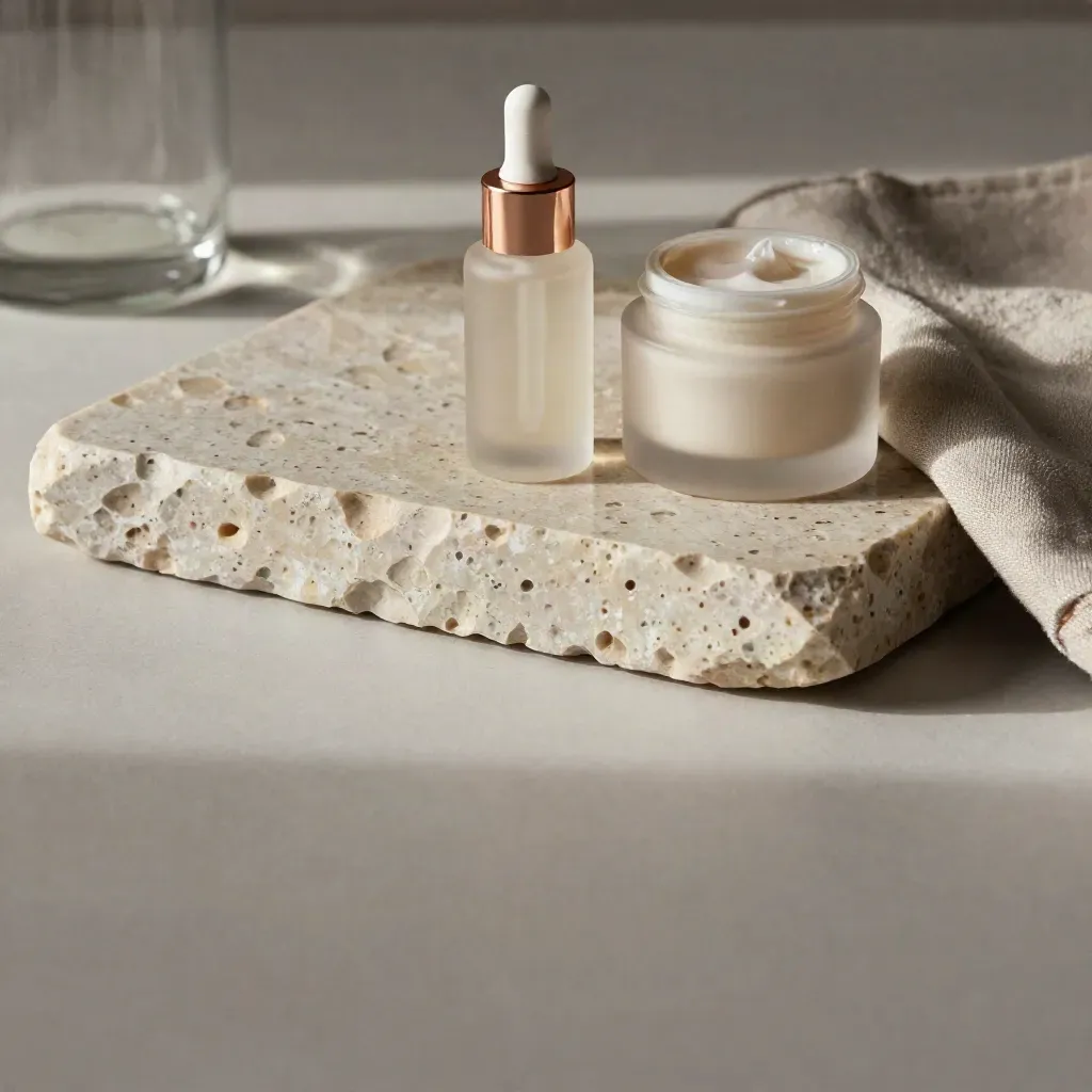 Superficie di travertino chiaro con siero in vetro satinato, vasetto crema e lino morbido.