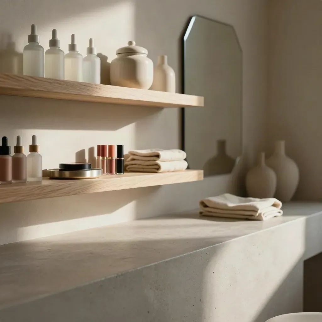 Angolo caldo di salone con mensola chiara, flaconi beauty e controfondo neutro sfocato.