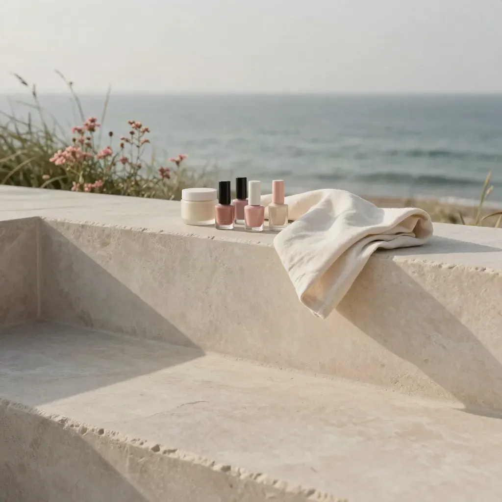 Terrazza in pietra chiara con flaconi beauty, garza di lino e vegetazione marina sfumata