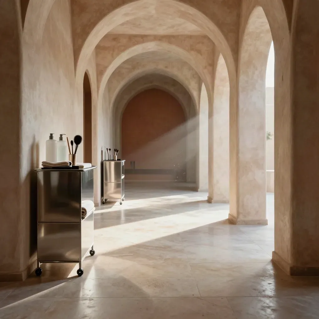 Corridoio di salone con archi morbidi, prodotti haircare in alto e pavimento chiaro luminoso.