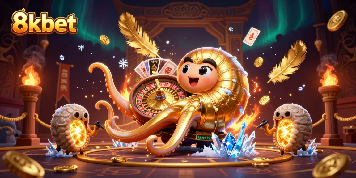8kbet showcases a vibrant casino scene with a giant nautilus as a roulette wheel amidst gold coins.