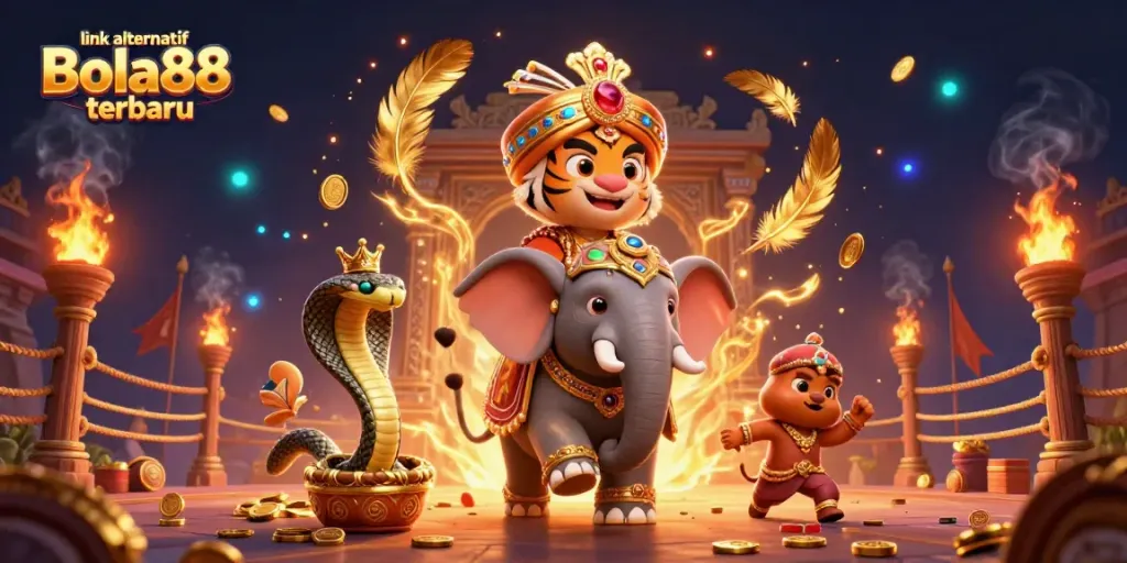 Engage with the latest link alternatif bola88 terbaru showcasing a vibrant casino scene filled with gold coins and betting tokens.