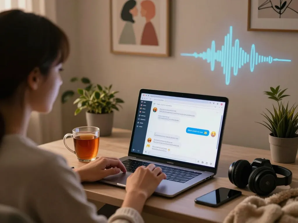 Engaging sex AI chat session with user in cozy setting, emphasizing personal connection and interaction.