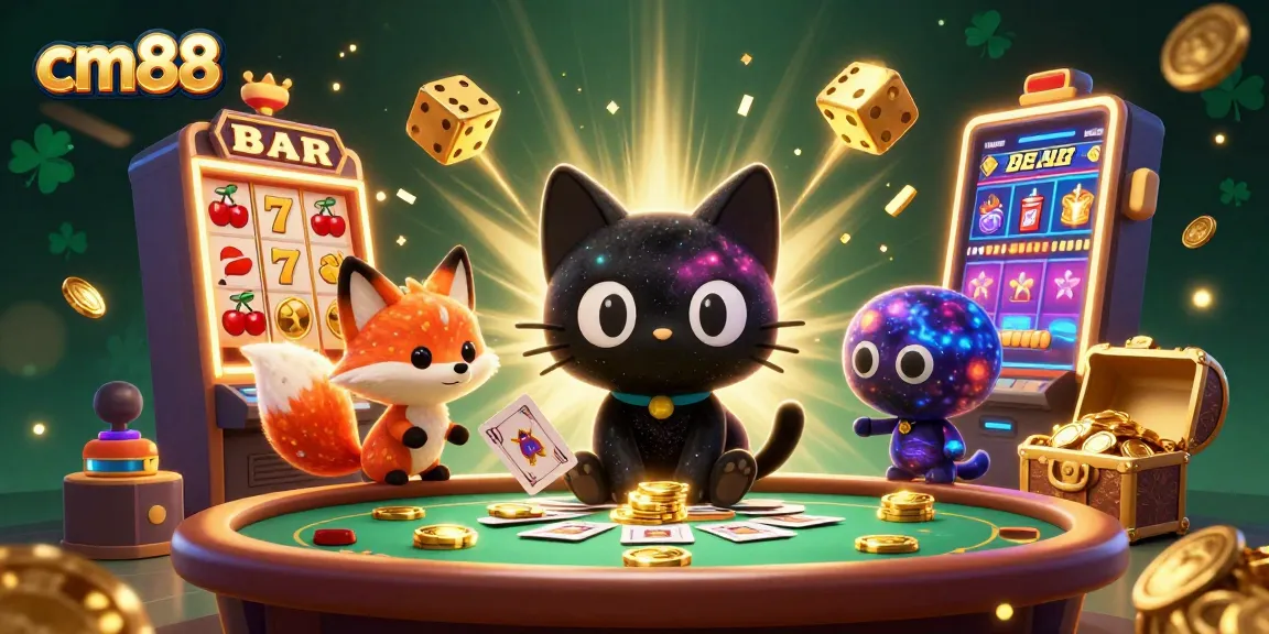 Experience the excitement with cm88 as a cosmic cat pulls in casino treasures in vibrant 3D illustration.