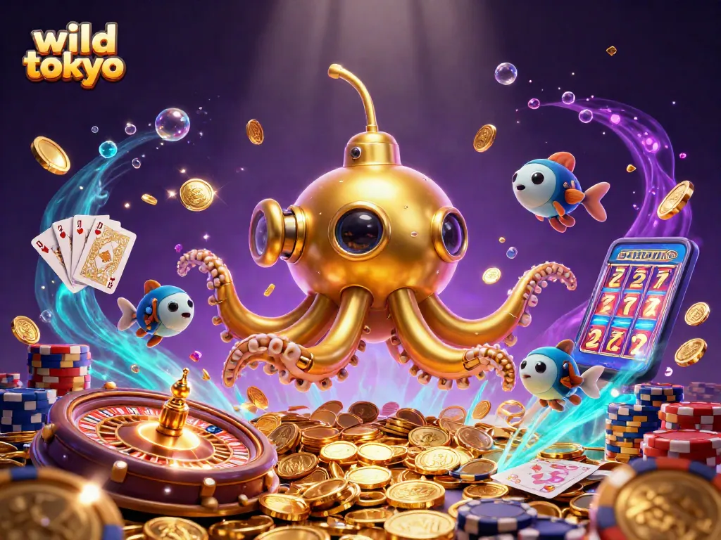 Play exciting games at wild tokyo casino featuring a vivid underwater theme with dynamic gold coins and cards.