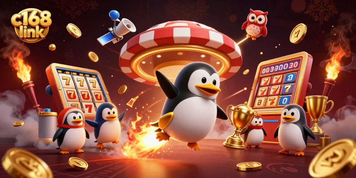 Spin to win with C168 link as a golden penguin blasts towards a vibrant casino!