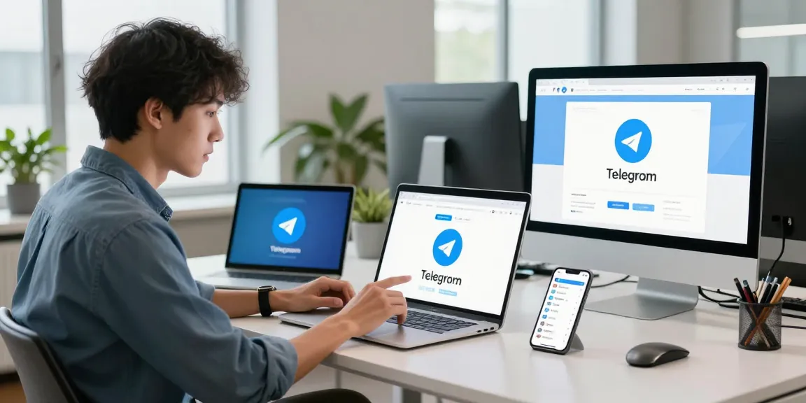 Download Telegram on a modern computer setup with vibrant workspace elements.