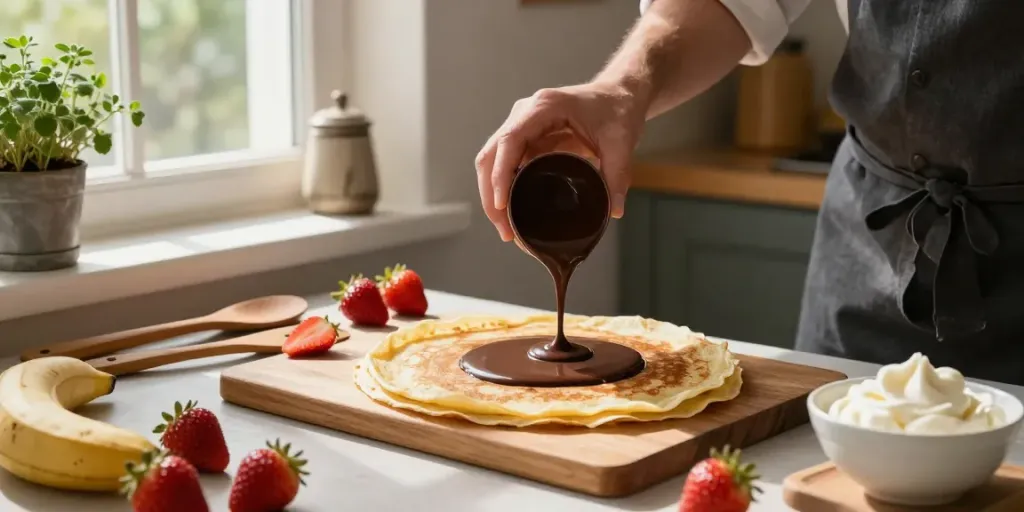 Indulge in rokok88's delicious crepes topped with rich dark chocolate.