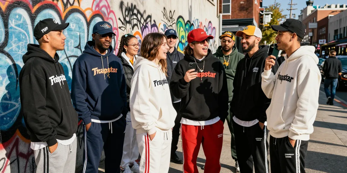 Felpe Trapstar alla moda esposte in un raduno di streetwear urbano.