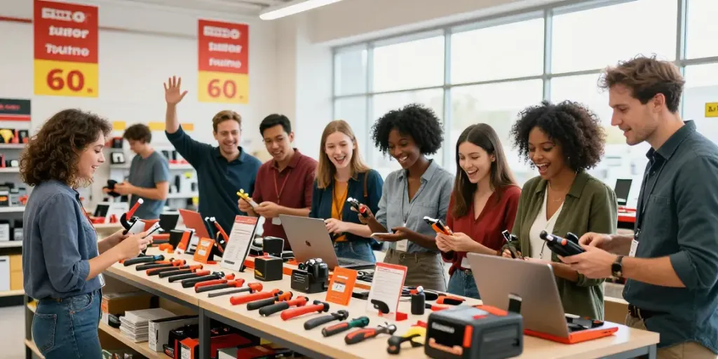 Offerte Black Friday Facom in un negozio attivo con acquirenti entusiasti che esaminano attrezzi.