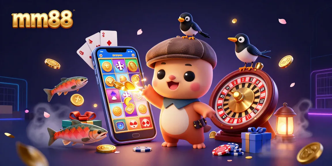 Experience the excitement of mm88 with playful characters and dynamic casino elements in a vibrant scene.
