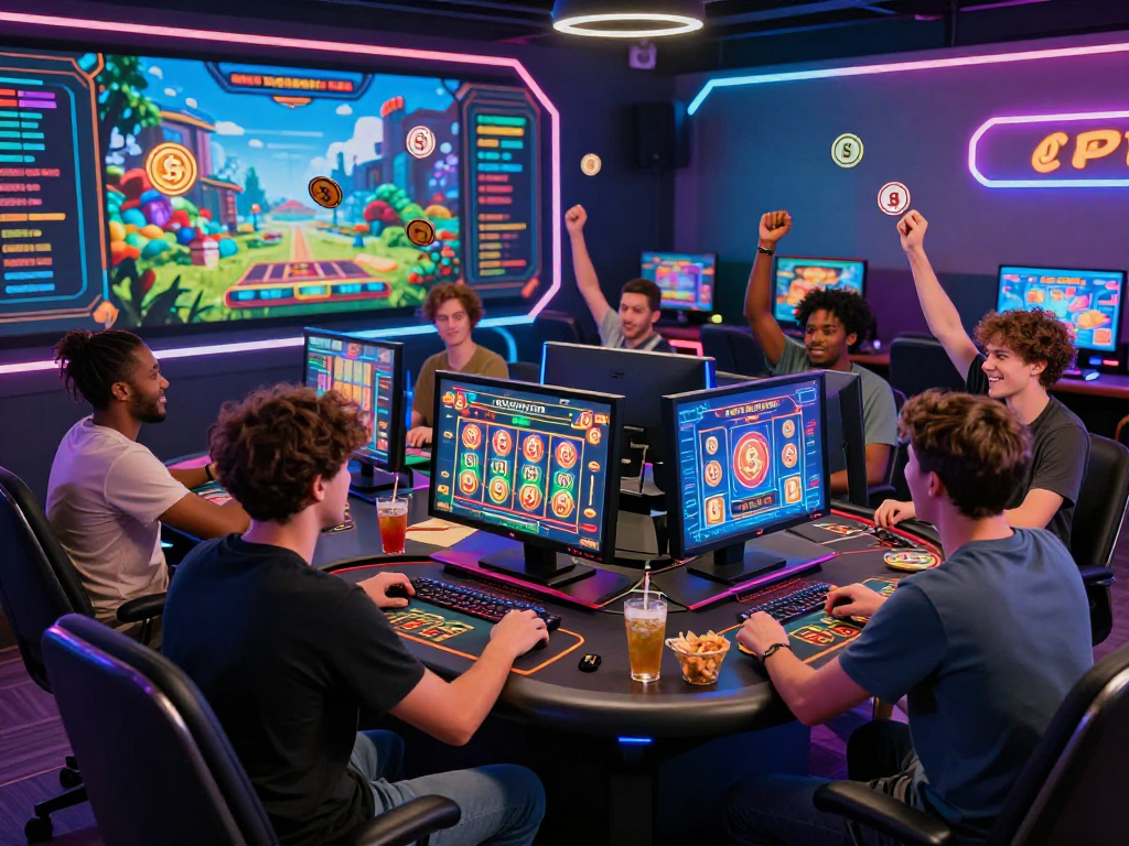 Engaged players in a crypto casino, enjoying immersive gaming with holographic displays and vibrant lighting.