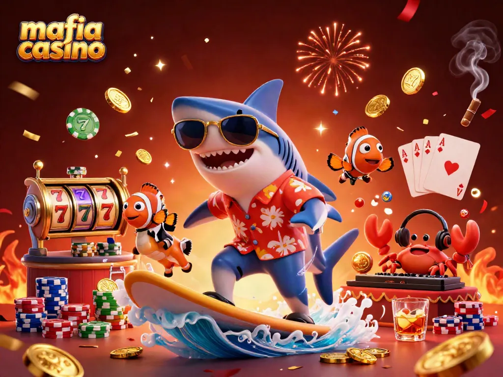 Mafia Casino celebration scene featuring a cartoon shark, clownfish, and crab amidst vibrant gaming elements and gold coins.