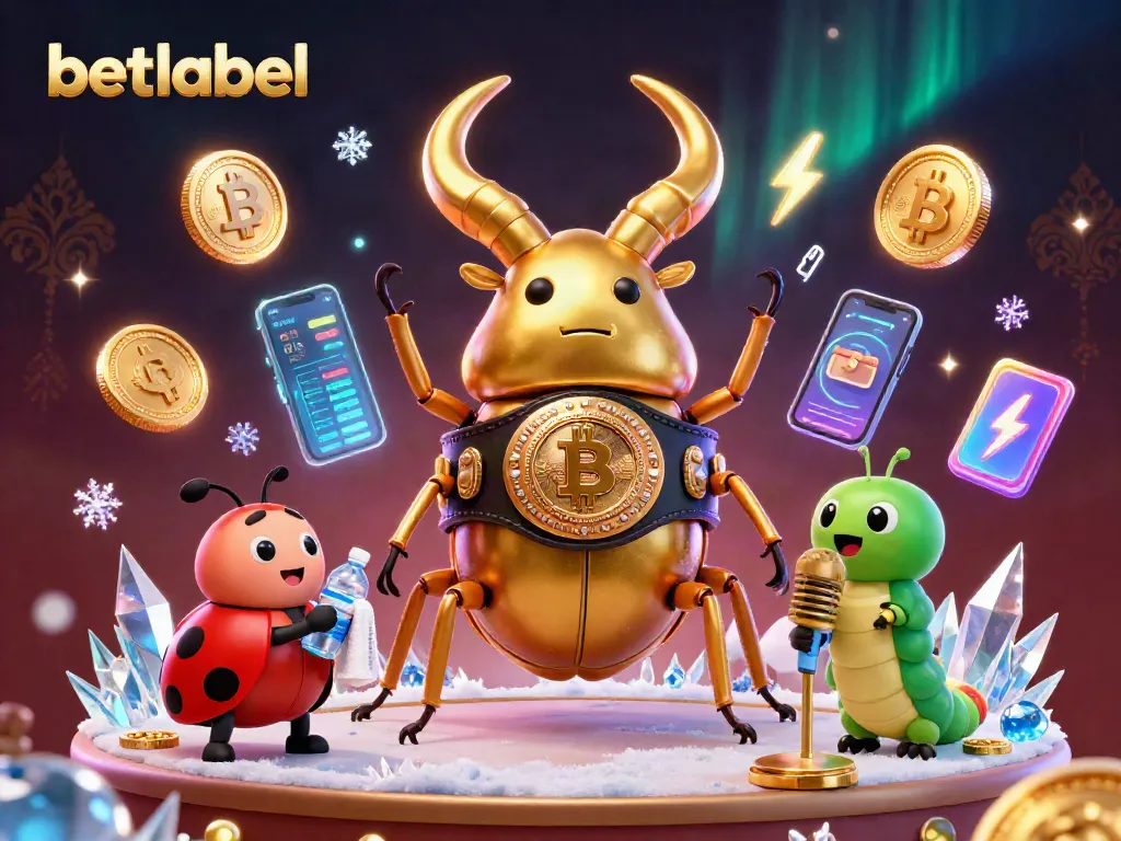 Betlabel showcases a dynamic 3D gambling scene with a golden stag beetle boxer amid crypto elements.