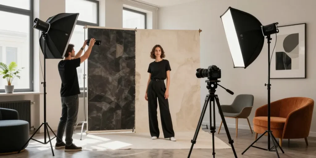 setup studio fotografico Milano con fotografo professionista, modello e decorazioni eleganti dello studio