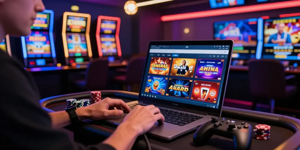Giocatore che si diverte con giochi di casinò online non AAMS in un vivace ambiente di gioco online.