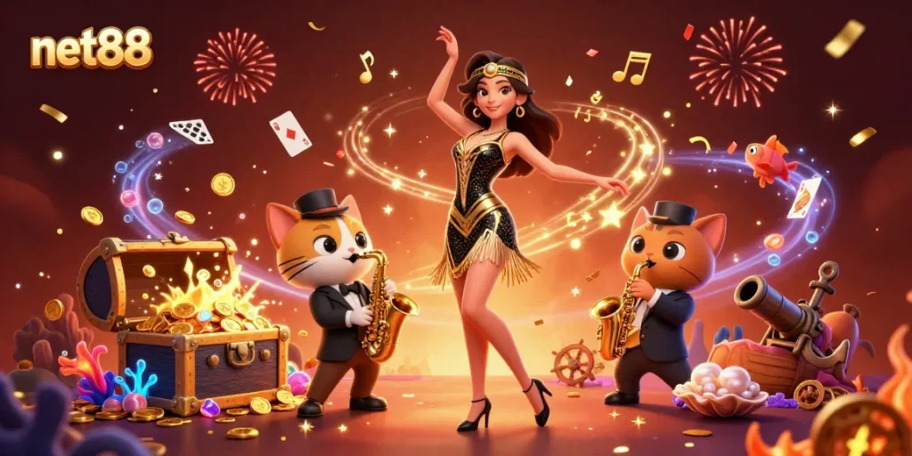 Experience the excitement of net88 with an animated casino celebration scene.