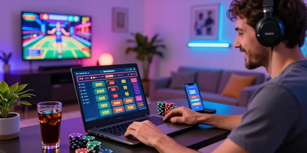 Giocatore entusiasta impegnato nel gioco presso i migliori casinò online con un'atmosfera vibrante e decorazioni colorate.