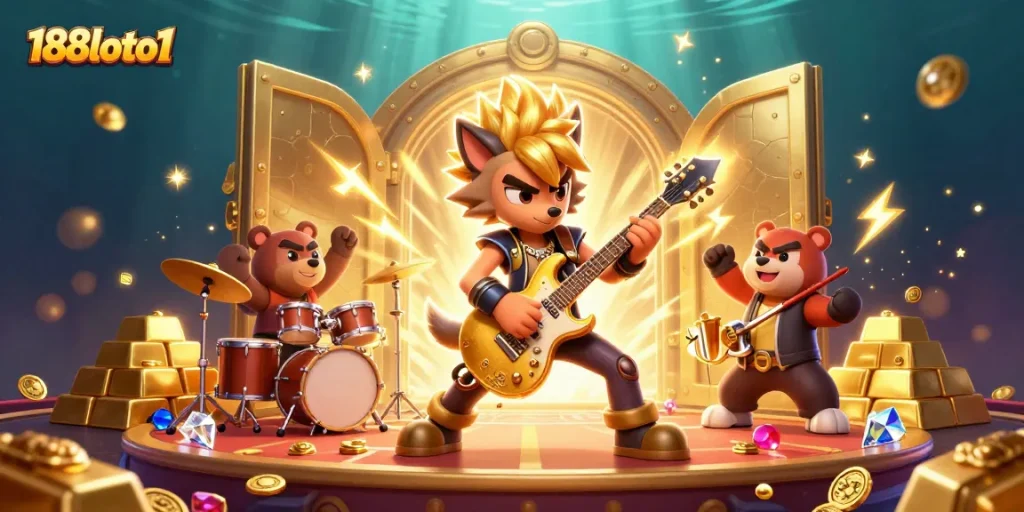 Experience thrilling gameplay with 188loto1, featuring cartoon characters and a vibrant casino scene full of treasures.