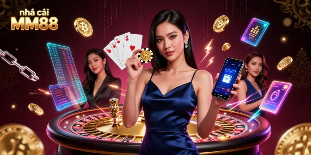 Experience the excitement of nhà cái MM88 with a stunning Asian woman showcasing her casino app and golden chip.