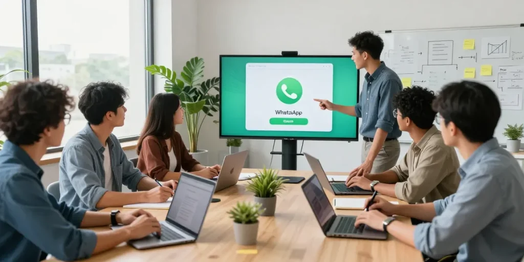 Collaborative team discussing WhatsApp網頁版 features in a modern office.