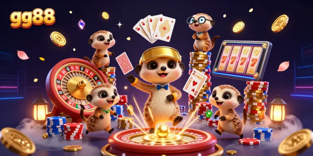 Experience gg88's fun with meerkats running a casino, spinning roulette wheels, and winning big!