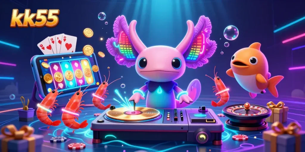 Experience the thrilling energy of kk55 with a vibrant casino scene featuring a neon axolotl DJ.