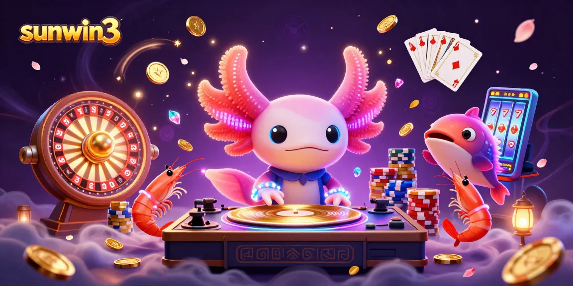Play thrilling games at sunwin3 with neon axolotl DJ in a vibrant casino scene.