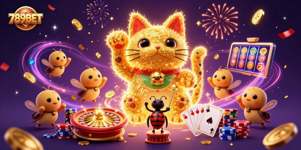Experience the excitement of 789BET's online casino with a colorful display of symbols and characters.