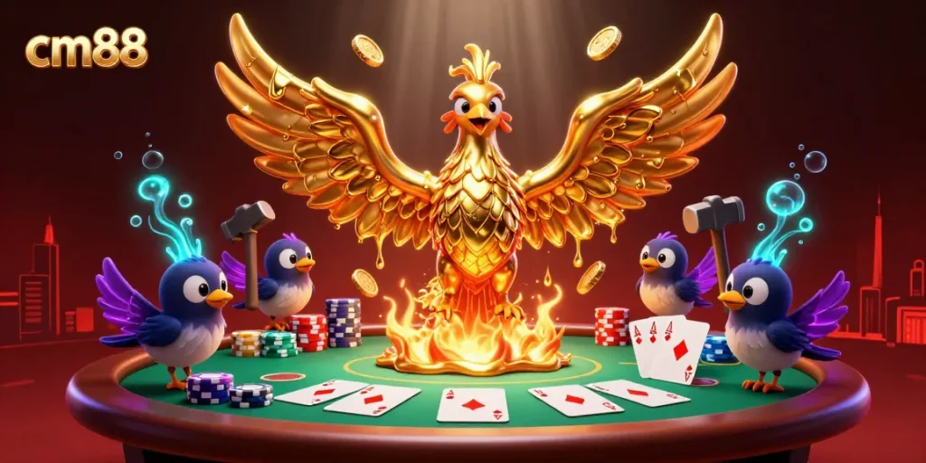 Experience thrilling poker action with cm88 as a golden phoenix emerges, embodying the excitement of the casino world.