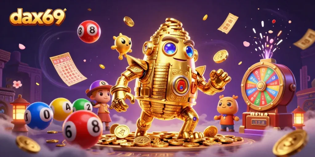 Menangkan peluang besar dalam permainan dax69 dengan simbol mesin slot dan koin emas yang berputar.