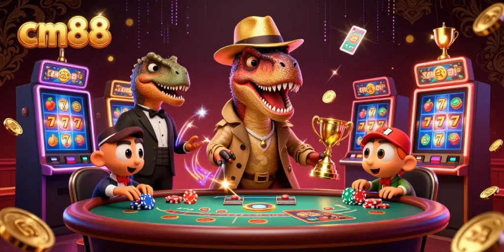 Experience thrilling gameplay with cm88 at the blackjack table featuring animated characters and exciting casino elements.