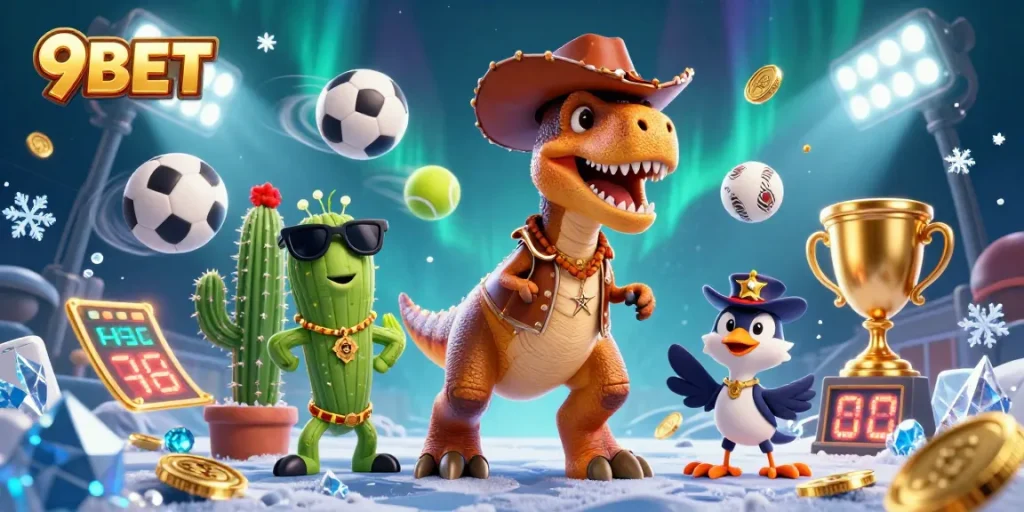 Bet on thrilling games with 9BET's dynamic and vibrant casino scene featuring engaging characters.