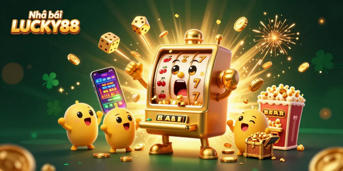 Engage with Nhà cái LUCKY88's vibrant, action-packed casino scene featuring a jackpot-winning slot machine.