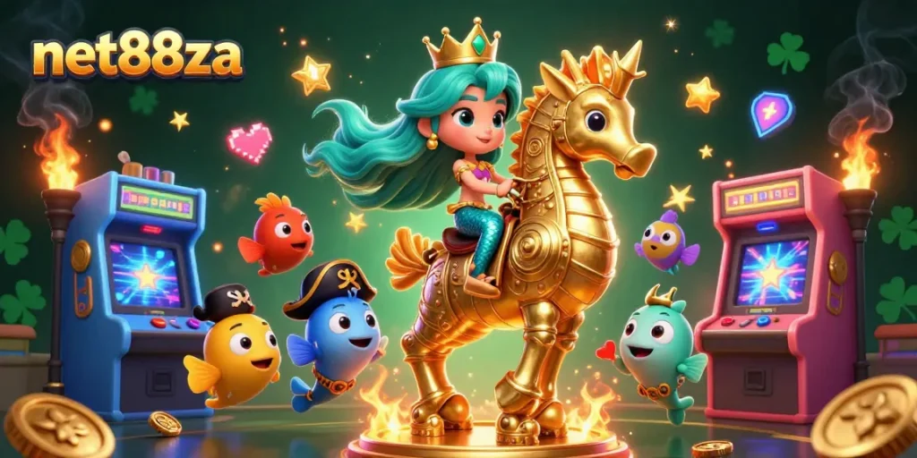 Experience excitement with net88za as the mermaid princess rides the seahorse in a vibrant casino scene.