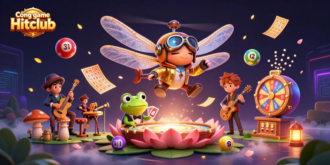 Cổng game Hitclub showcases a vibrant scene with a dragonfly pilot and frog croupier in a dynamic casino environment