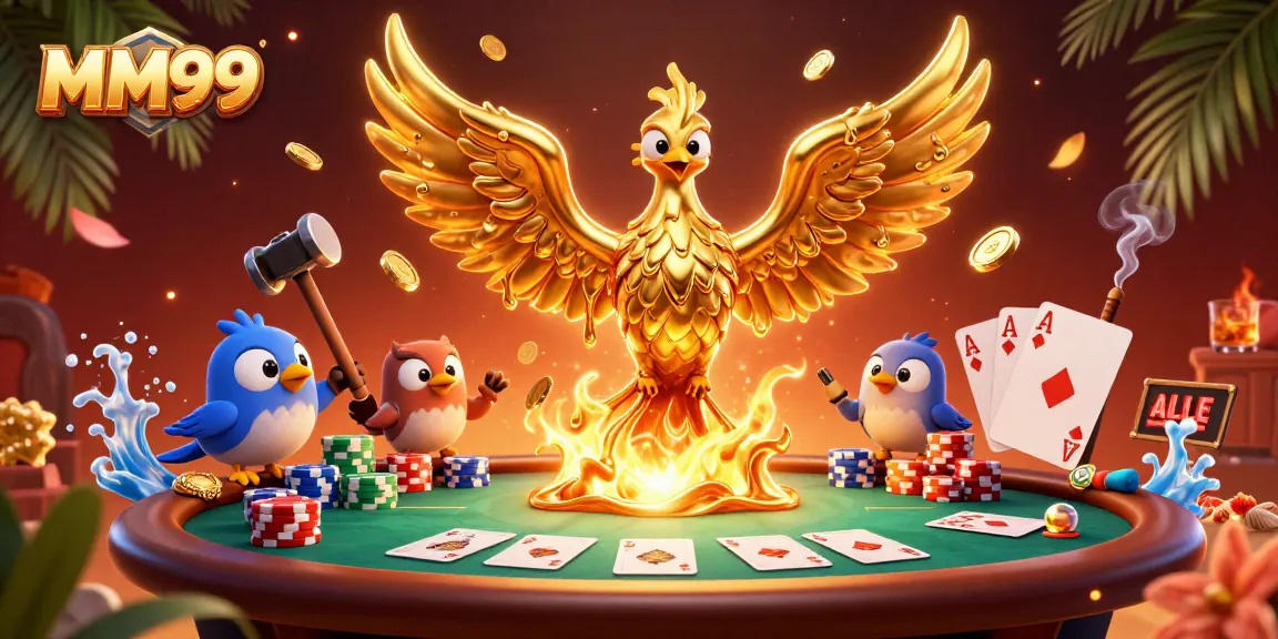 Engage with MM99's vibrant casino experience, featuring a phoenix and poker action.