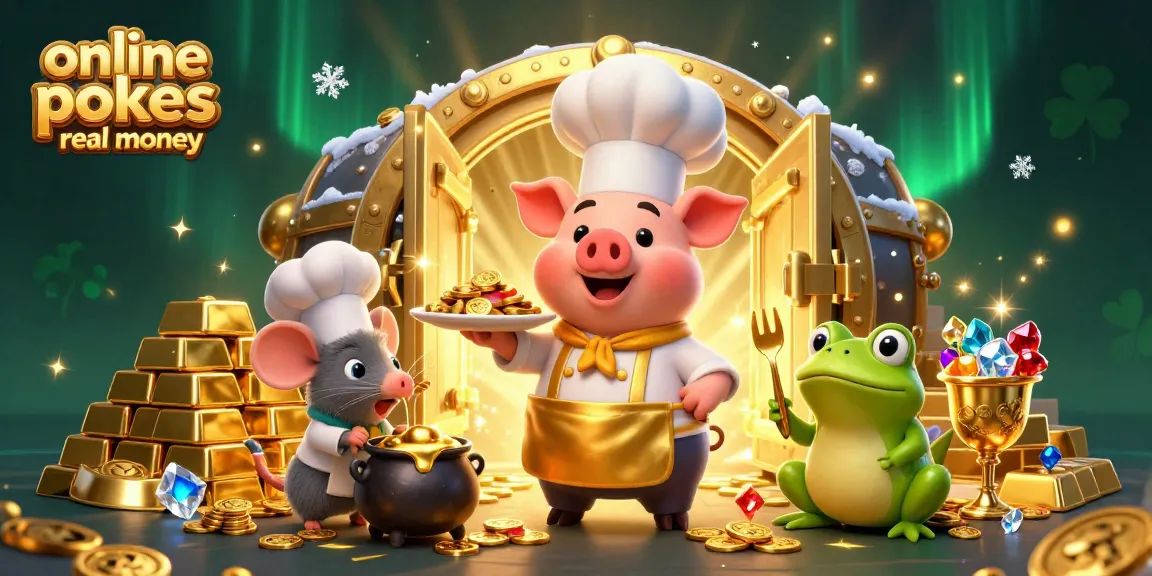 Engage in online pokies real money with a chef pig serving gold coins, while luck and treasures surround them.