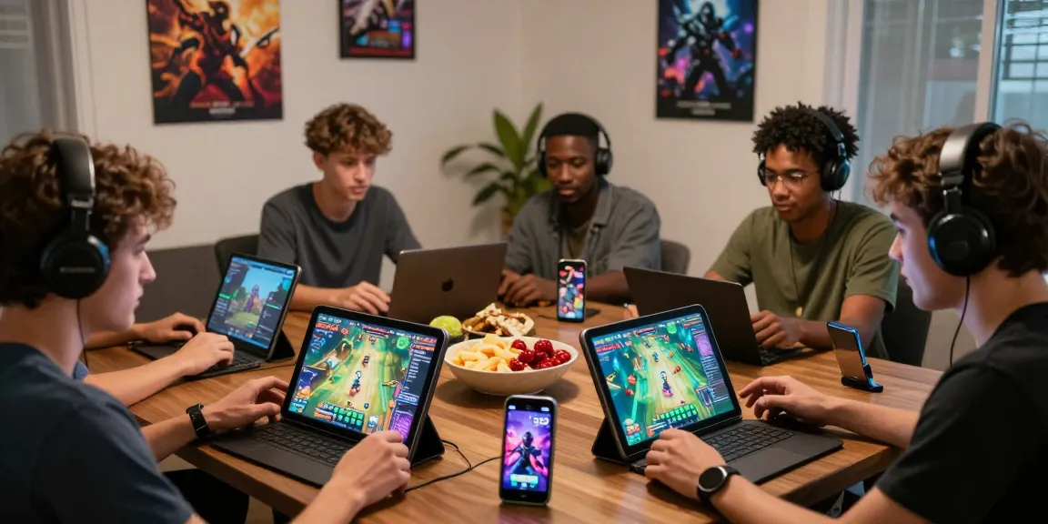 Ruang bermain game Rajaslot88 yang menampilkan kelompok teman bermain dengan antusias dan perangkat permainan berwarna cerah.