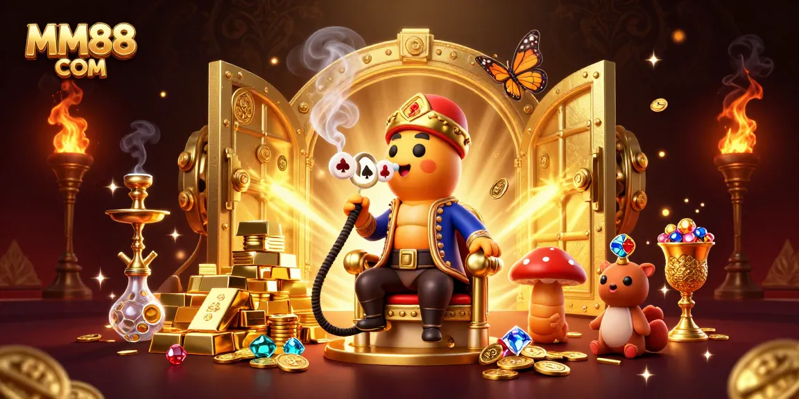 Experience the excitement of MM88 COM with a vibrant 3D illustration of a hookah-master and gold treasures in a dynamic casino setting.