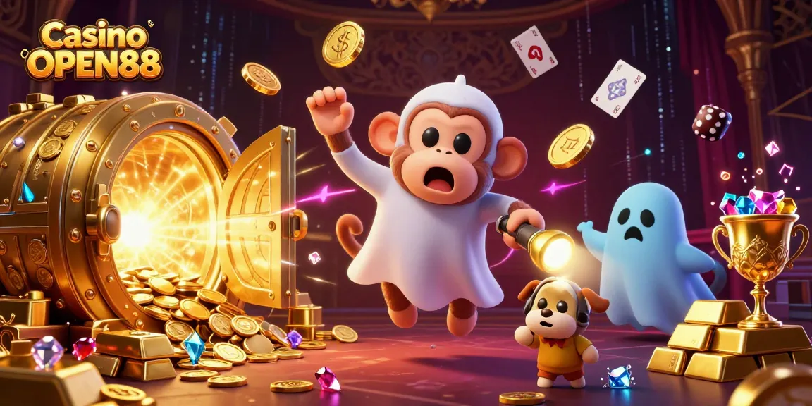 Engage in thrilling gameplay at Casino OPEN88 with a whimsical scene of a poltergeist monkey and ghost-hunter puppy in a haunted casino.