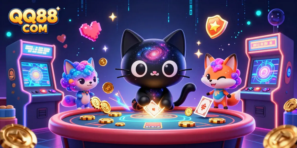 Join the excitement at QQ88 COM with a vibrant cosmic casino scene featuring fantasy characters.